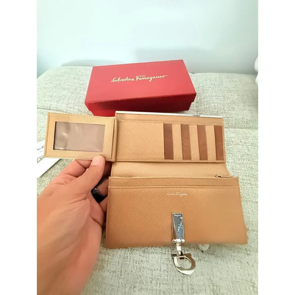 Salvatore Ferragamo Gancini Long Wallet – Beige Saffiano Leather Silver Hardware